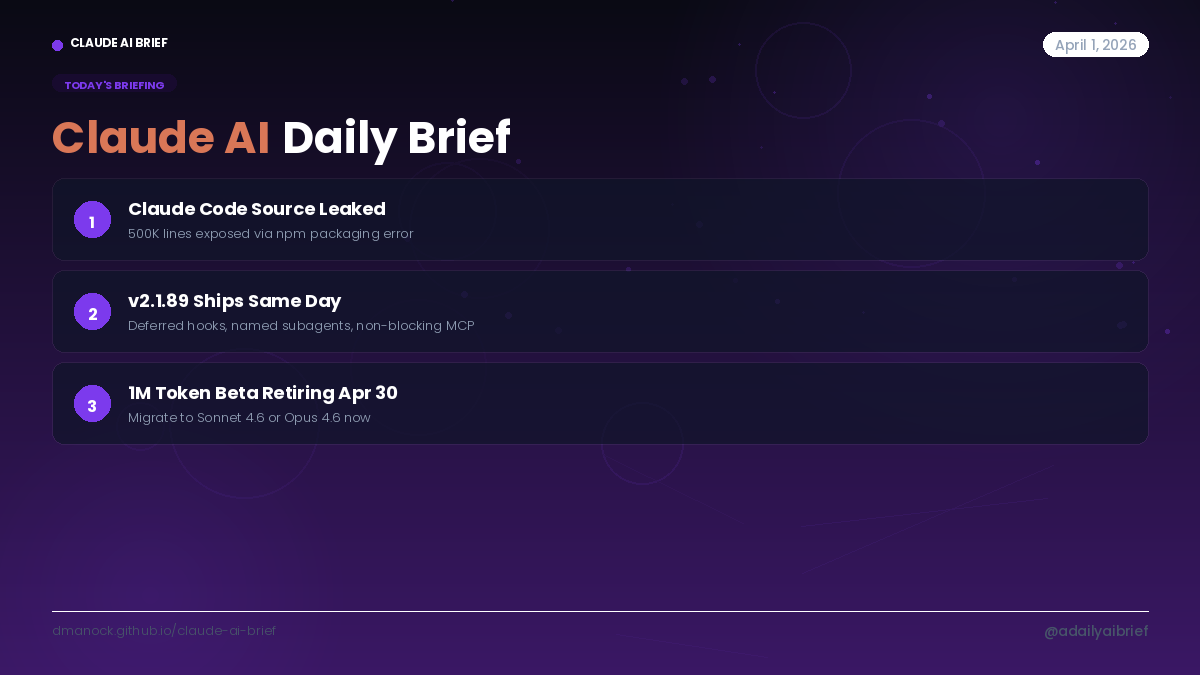 Claude AI Daily Brief — April 1, 2026 | Claude Code Source Leak, v2.1. ...
